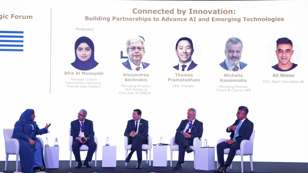 Ali Nimer participating in the AI and emerging technologies panel at the UAE–Greece Strategic Forum in Athens.